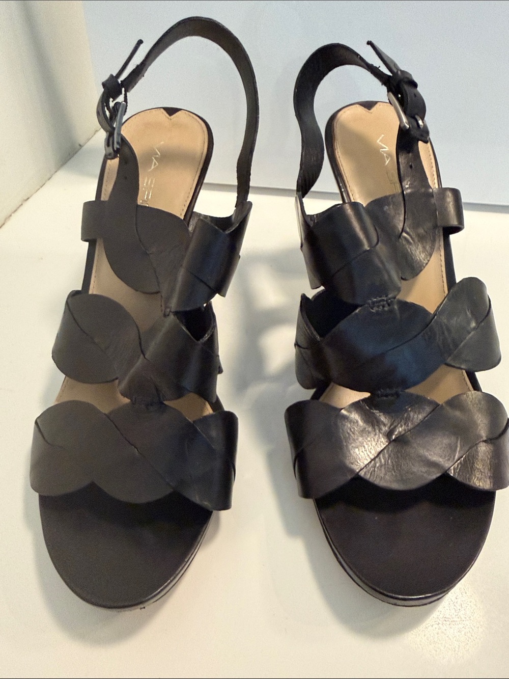 Via Spiga Black Scalloped Leather Slingback Heels